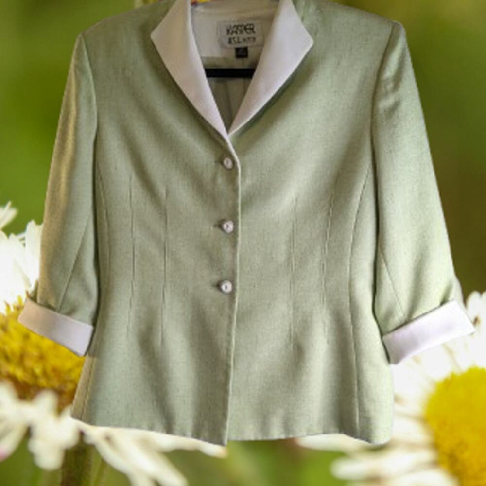 Kasper A.S.L. 8 3/4 sleeve light green white polyester button down woman jacket